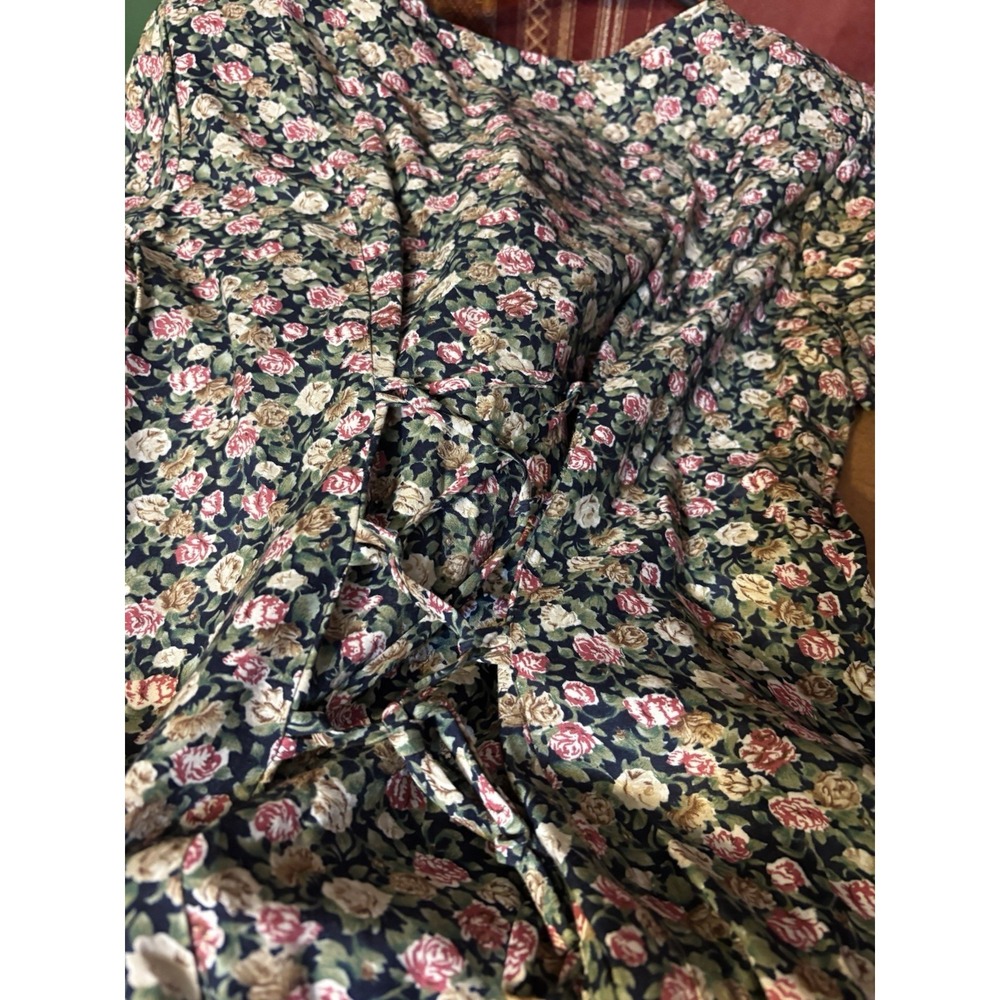 Vintage Decked Out Floral Midi Dress 3/4 Pearl Buttons Lace-Up Back 90s - Picture 7 of 7